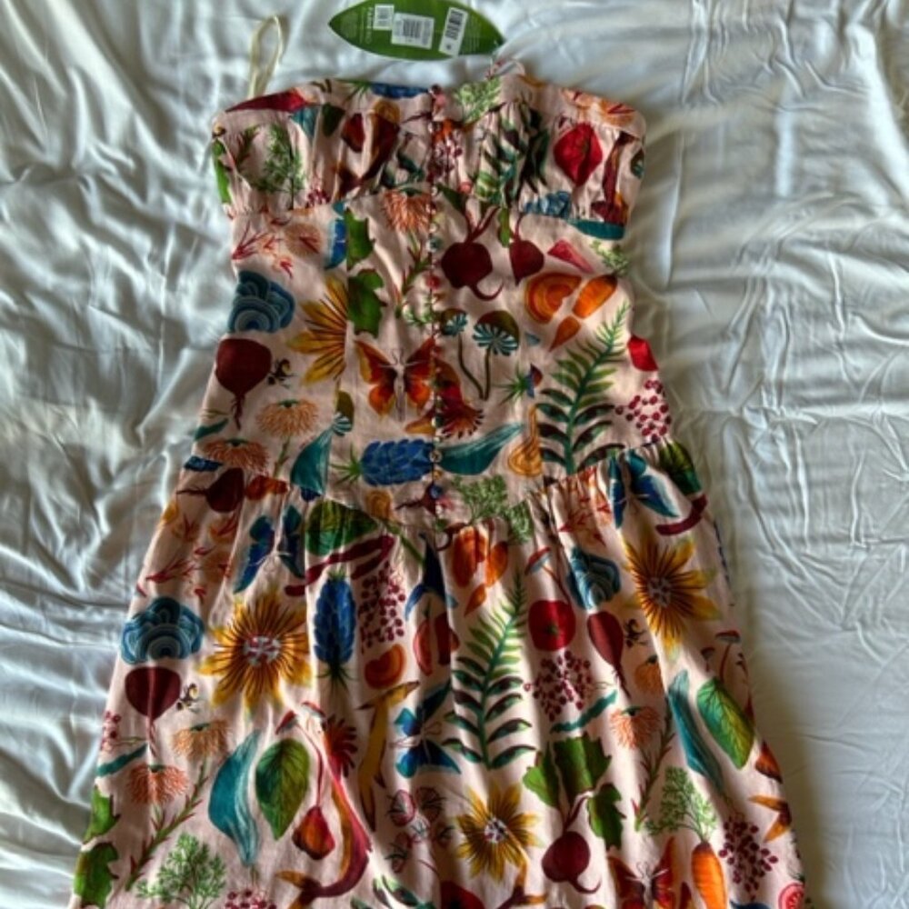 NWT Bright Farm Print Strapless Linen Blend Maxi Dress In Bright Farm Beige SZ M